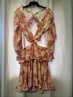 SHEIN Pink & Green Floral Ruffle Long-Sleeve Open-Back Dress